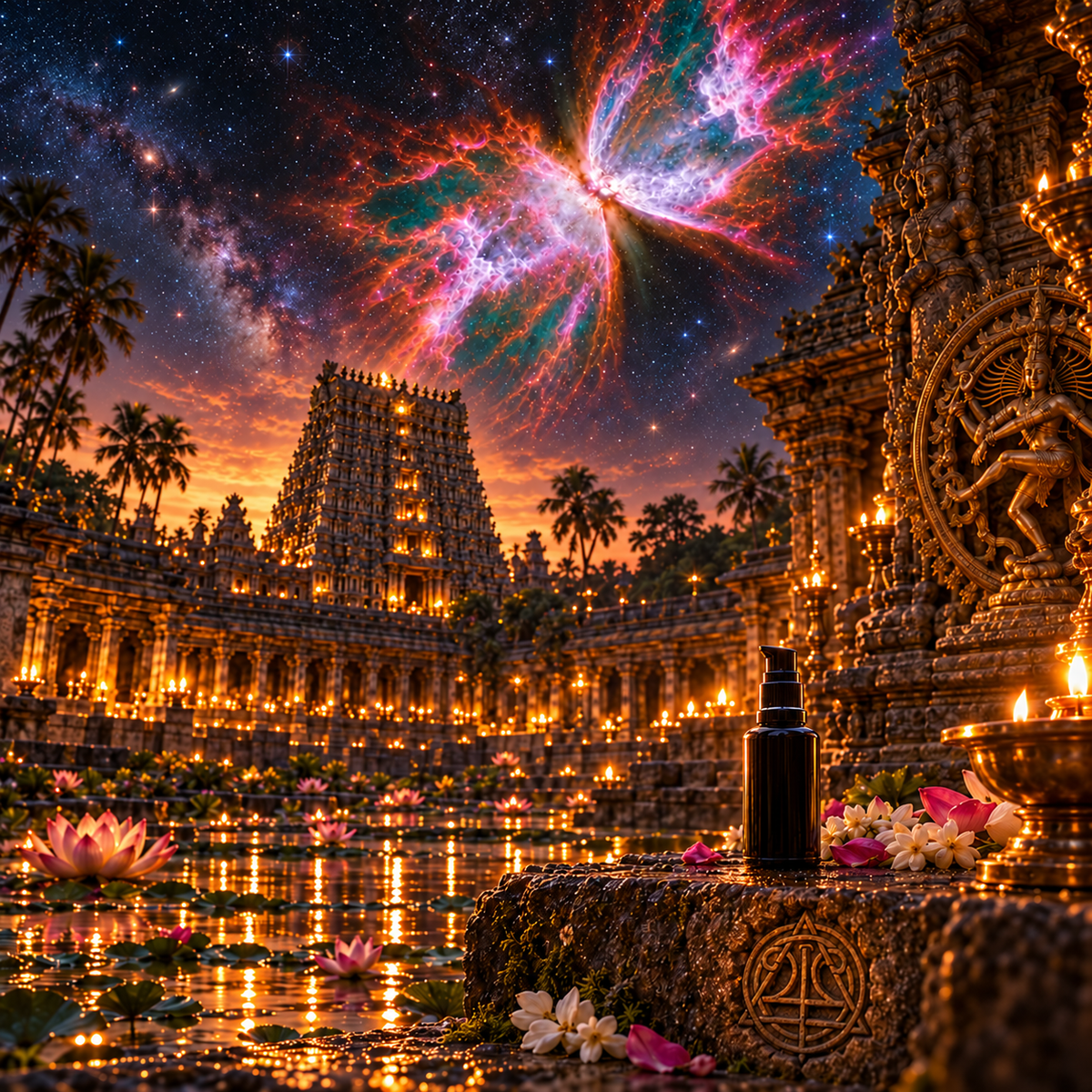 KRIYATINE unlabelled 50 ml pump bottle at an Indian temple, Butterfly Nebula sky and carved stone logo.