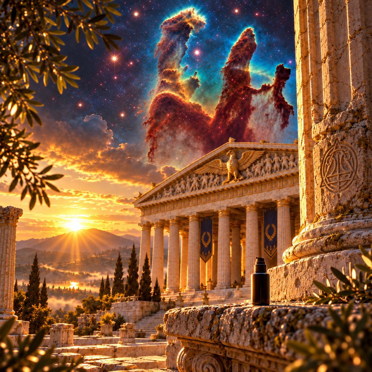 OLYMPIAN unlabelled 50 ml pump bottle in Greek temple scene with Eagle Nebula and logo carved into stone.