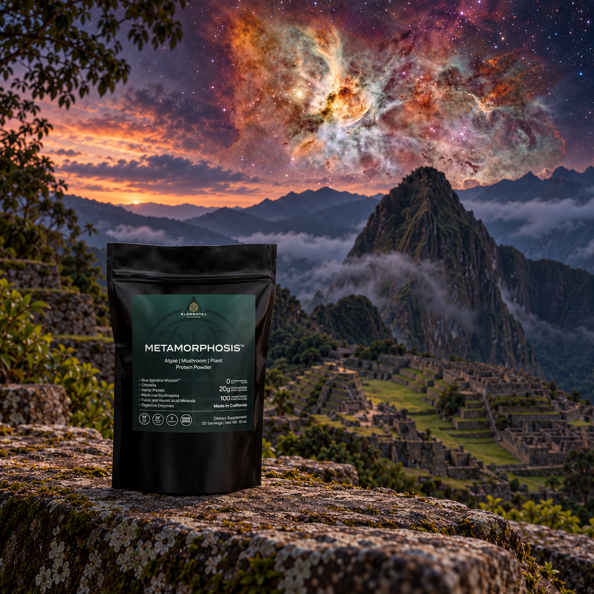 Metamorphosis in a sacred-site landscape with an artistic celestial sky