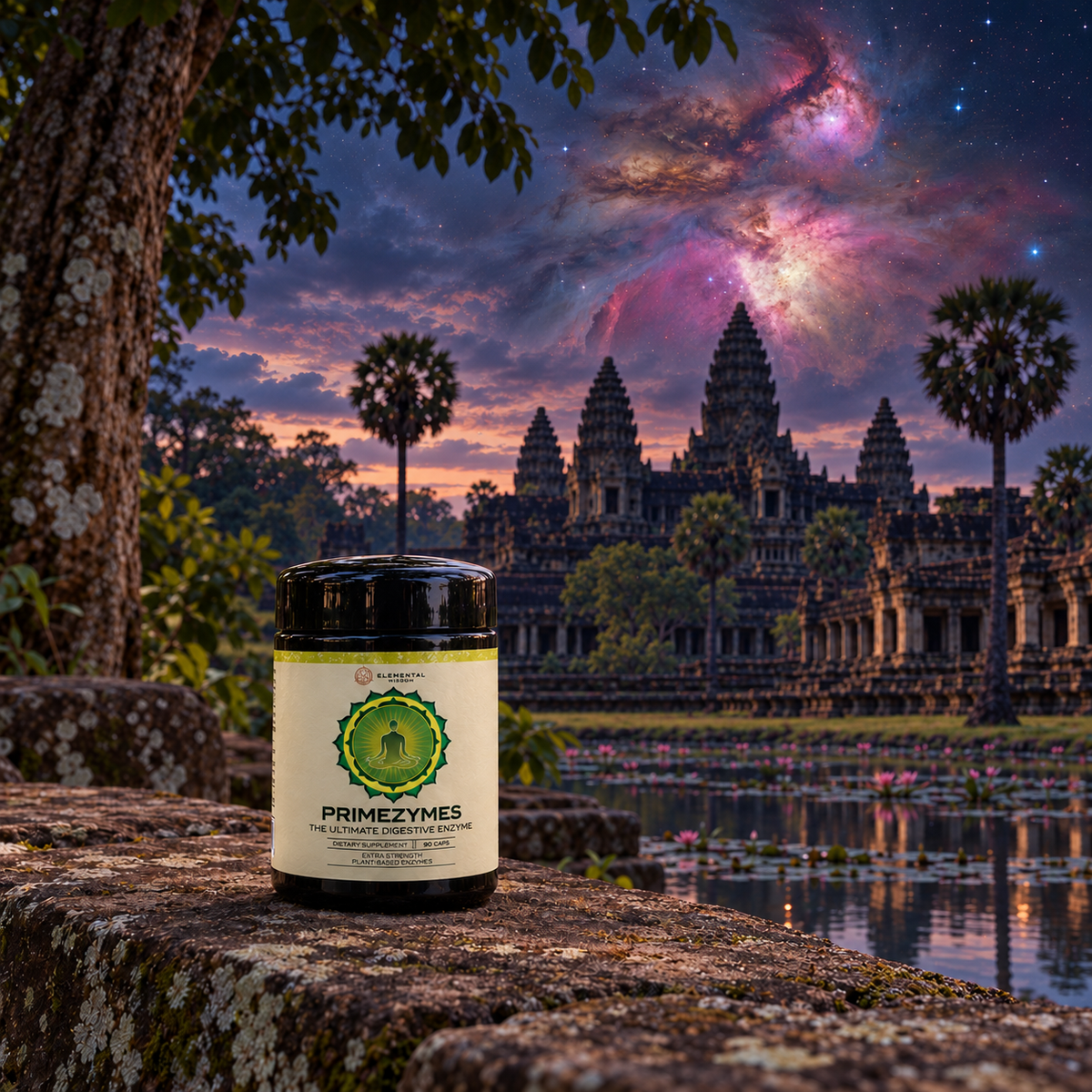 Primezymes in a sacred-site landscape with an artistic celestial sky