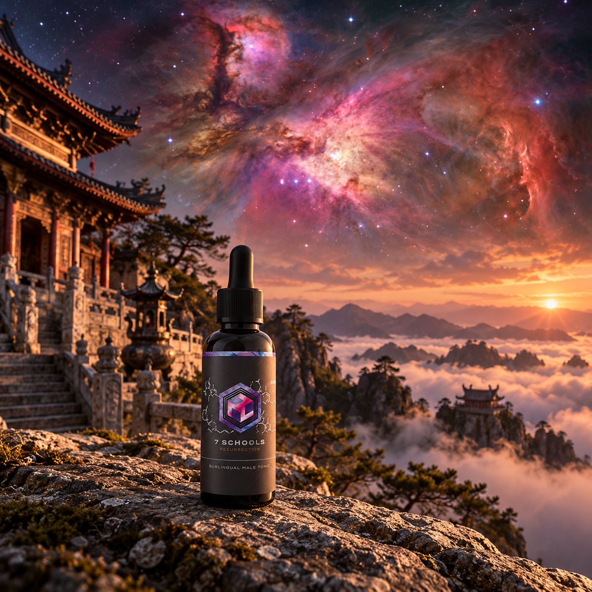 Resurrection in a sacred-site landscape with an artistic celestial sky
