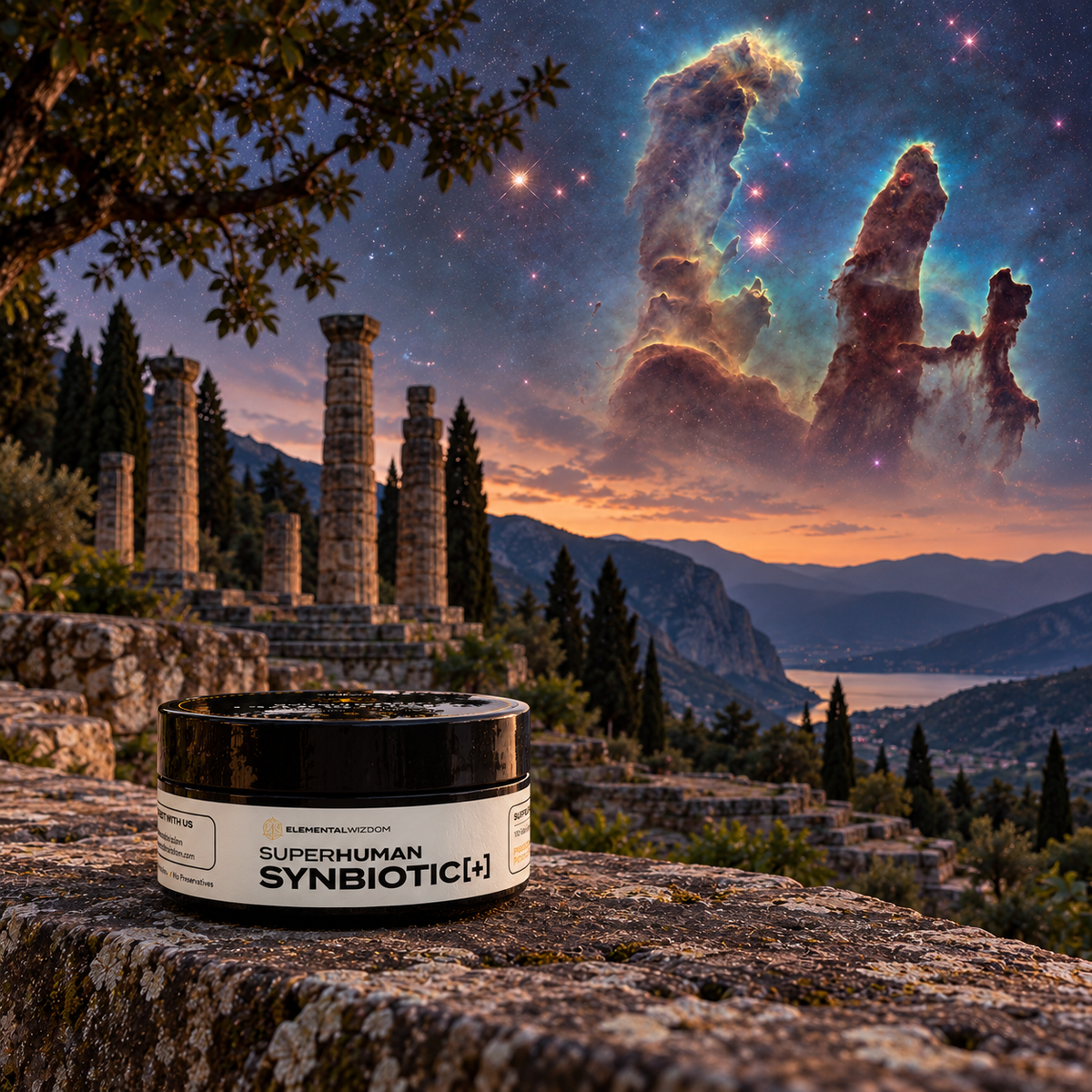 Synbiotic in a sacred-site landscape with an artistic celestial sky