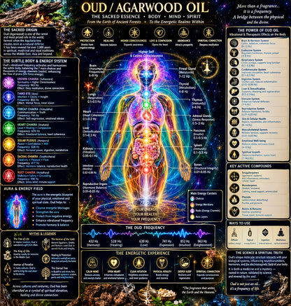 Wild Aged Oud Oil illustrated chart with agarwood, body diagrams and traditional aromatic-use panels.