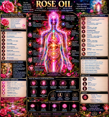 Rose Oil illustrated botanical chart with roses, body diagrams and fragrance information.