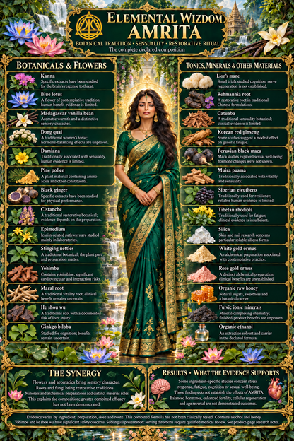 AMRITA revised 28-ingredient botanical chart with Elemental Wizdom logo, complete ingredient names and evidence notes.
