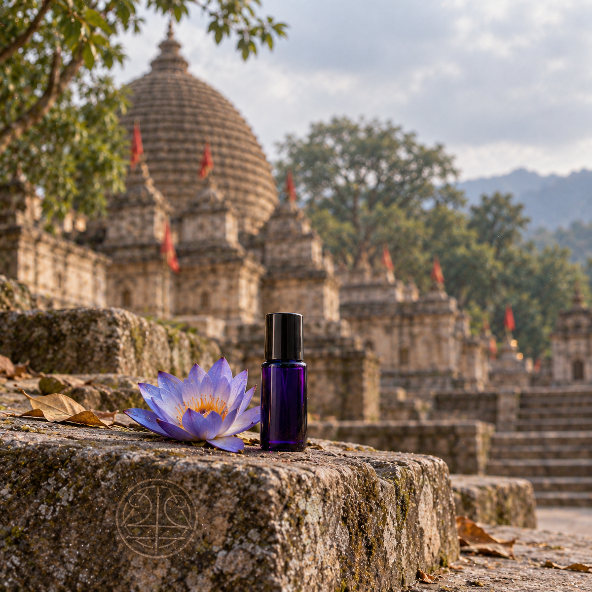 AMRITA violet glass bottle beside a blue lotus on weathered stone, with softly focused temple architecture; film-style product artwork.