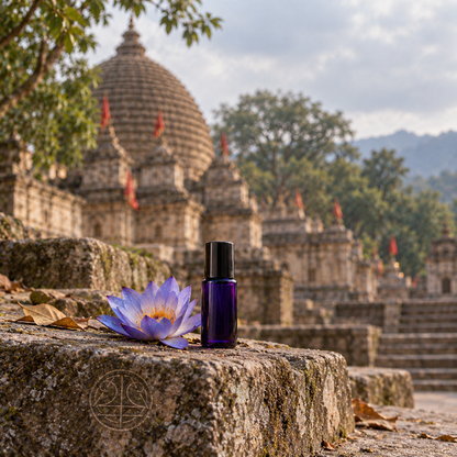 AMRITA violet glass bottle beside a blue lotus on weathered stone, with softly focused temple architecture; film-style product artwork.
