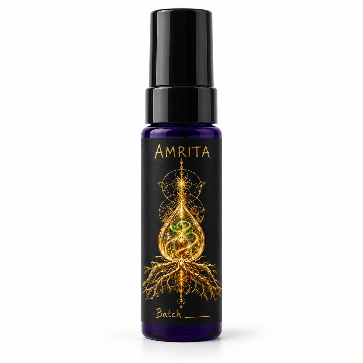 AMRITA bottle packaging mockup on white, with gold artwork, handwritten product name and blank batch field.