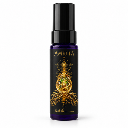 AMRITA bottle packaging mockup on white, with gold artwork, handwritten product name and blank batch field.