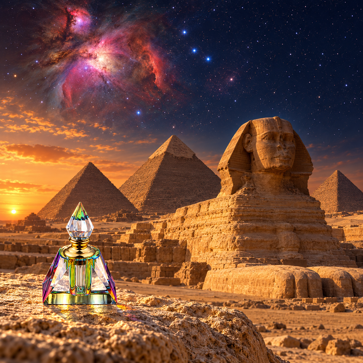 Blue Lotus in a sacred-site landscape with an artistic celestial sky