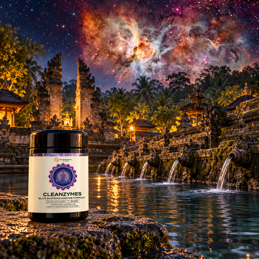 Cleanzymes bottle beside the water fountains of Tirta Empul, Bali, beneath an illustrated celestial sky