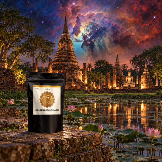 Golden Lotus in a sacred-site landscape with an artistic celestial sky