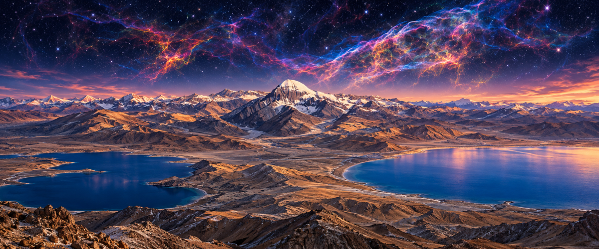 Artistic panorama of Mount Kailash, Lake Rakshastal and Lake Manasarovar beneath a Hubble-inspired Cygnus sky