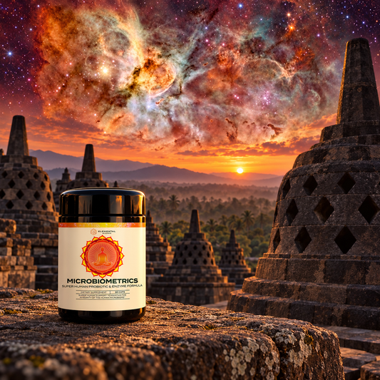 Microbiometrics in a sacred-site landscape with an artistic celestial sky