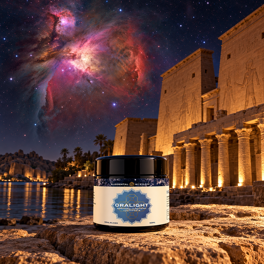 Oralight in a sacred-site landscape with an artistic celestial sky