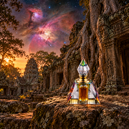 Wild Aged Oud Oil in a pyramid crystal bottle with amber-brown oil against an artistic temple and celestial landscape.