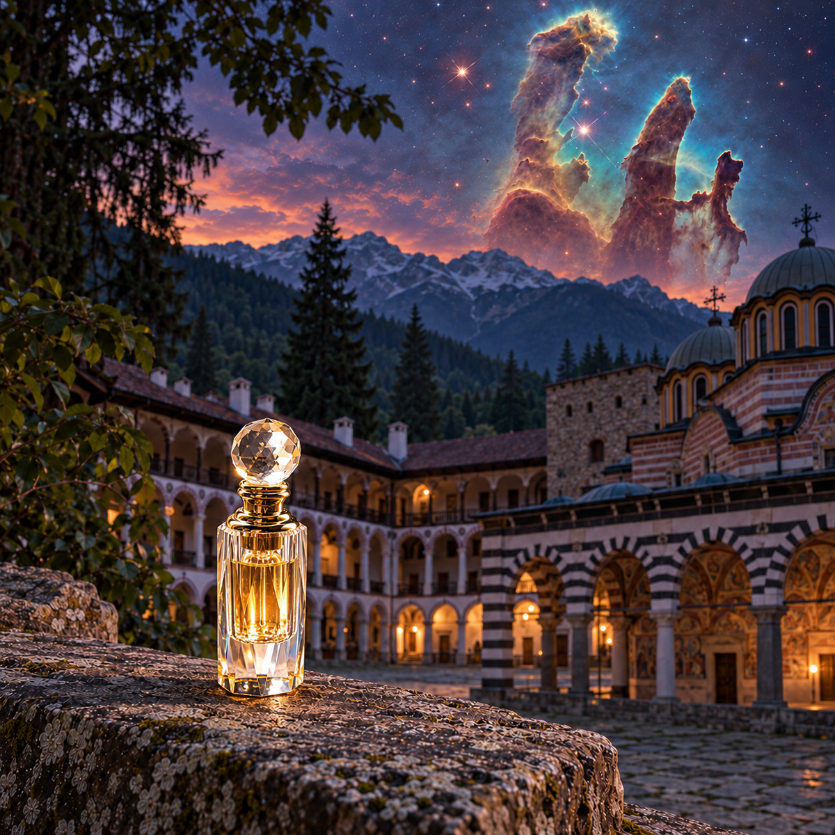 Rose Oil in a faceted crystal bottle with a spherical stopper and amber oil against an artistic monastery and celestial landscape.