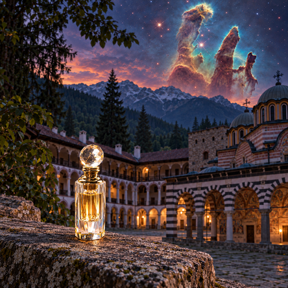 Rose Oil in a faceted crystal bottle with a spherical stopper and amber oil against an artistic monastery and celestial landscape.