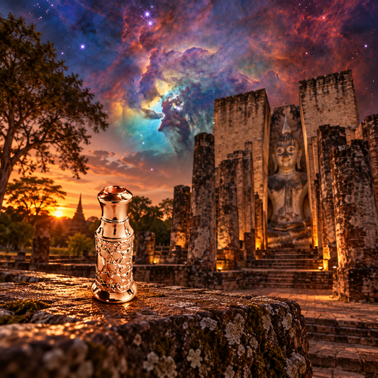 White Lotus in a sacred-site landscape with an artistic celestial sky