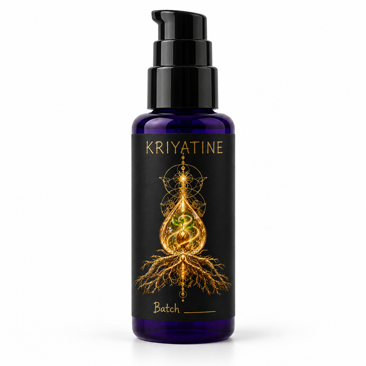 KRIYATINE bottle packaging mockup on white, with gold artwork, handwritten product name and blank batch field.