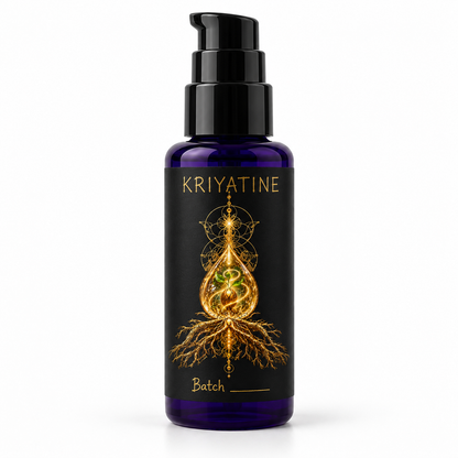 KRIYATINE bottle packaging mockup on white, with gold artwork, handwritten product name and blank batch field.