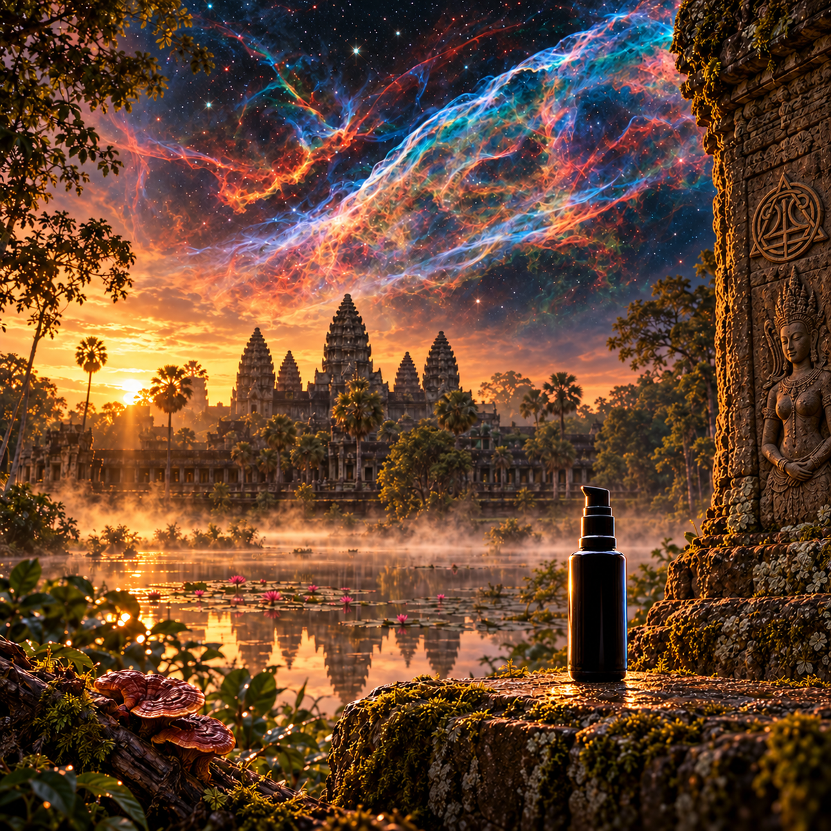 NEUROGENESIS+ unlabelled 50 ml Miron pump bottle at Angkor Wat with Veil Nebula sky and temple-carved logo.