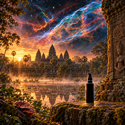NEUROGENESIS+ unlabelled 50 ml Miron pump bottle at Angkor Wat with Veil Nebula sky and temple-carved logo.