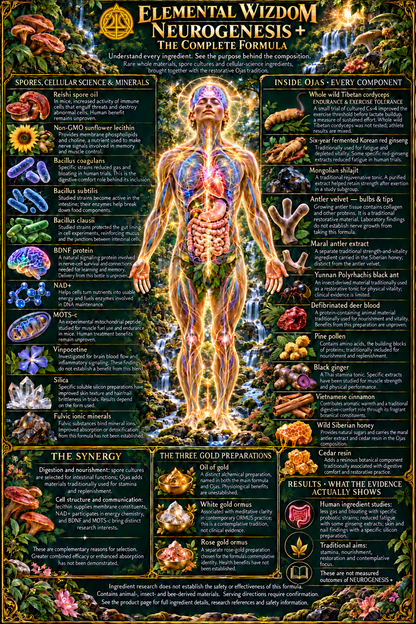 NEUROGENESIS+ complete formula and Ojas ingredient diagram, including antler velvet bulbs and tips, with Elemental Wizdom logo and readable research notes.