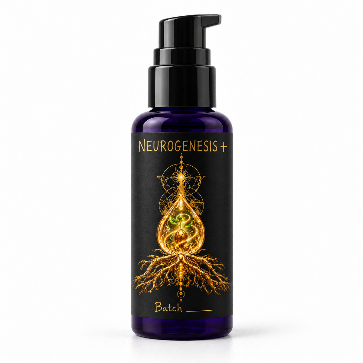 NEUROGENESIS + bottle packaging mockup on white, with gold artwork, handwritten product name and blank batch field.
