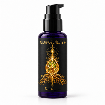 NEUROGENESIS + bottle packaging mockup on white, with gold artwork, handwritten product name and blank batch field.