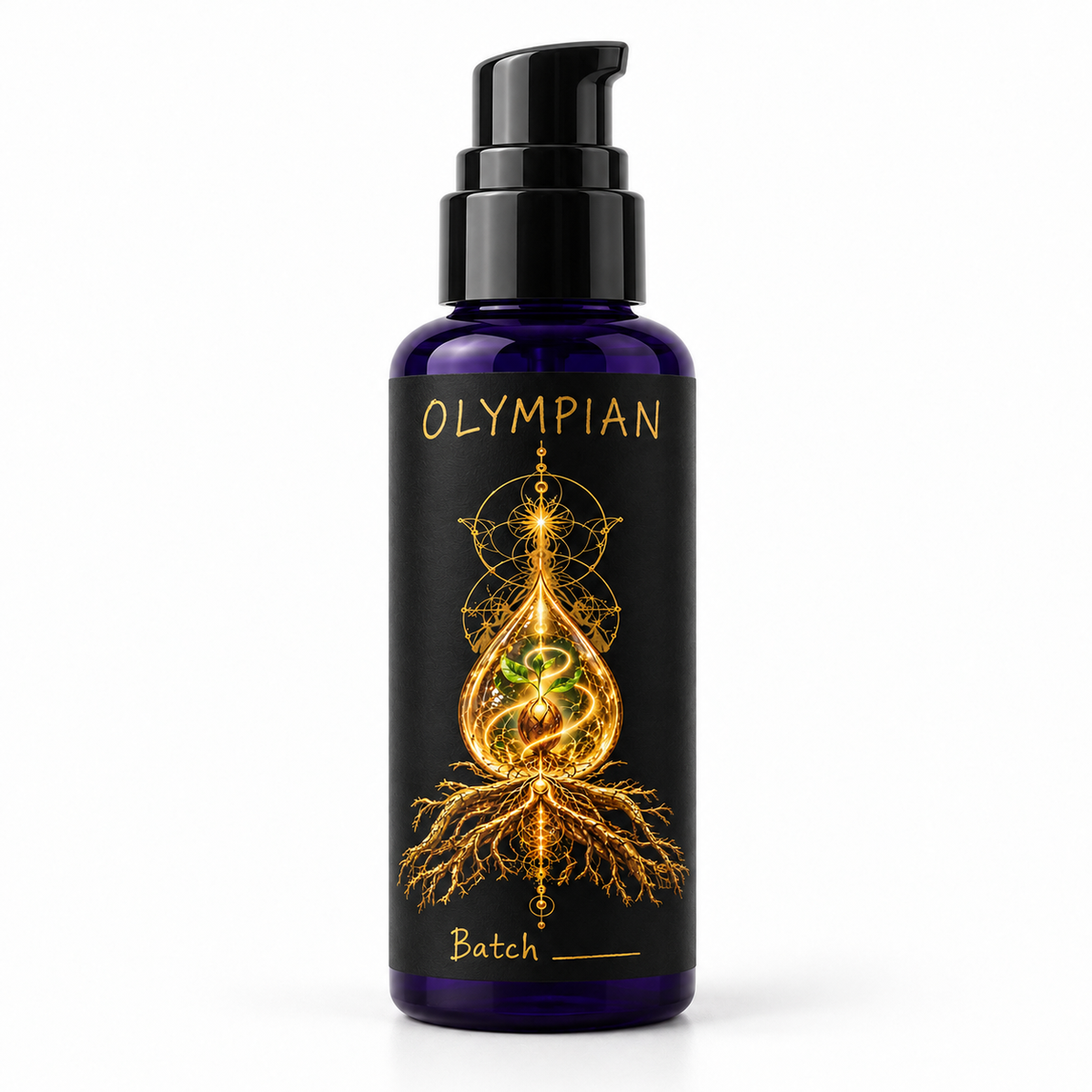 OLYMPIAN bottle packaging mockup on white, with gold artwork, handwritten product name and blank batch field.