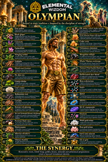 OLYMPIAN complete illustrated formula: 36 ingredient descriptions, Greek warrior, Elemental Wizdom logo, synergy and evidence context.