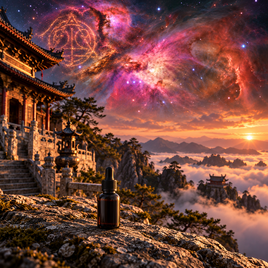 RESURRECTION unlabelled dark dropper bottle in Chinese mountain temple scene with subtle star-formed logo.