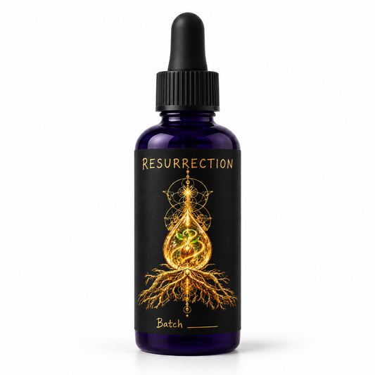 RESURRECTION bottle packaging mockup on white, with gold artwork, handwritten product name and blank batch field.