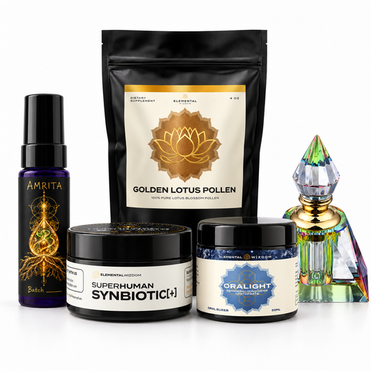 Women’s Health Bundle group image on white: AMRITA, Original Egyptian Blue Lotus Oil, Super Human Synbiotic[+], Golden Lotus Pollen and Oralight.